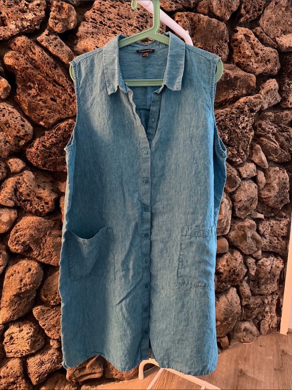 Eileen Fisher Blue Sleeveless 100% Organic Linen Button-Front Dress Size 2X